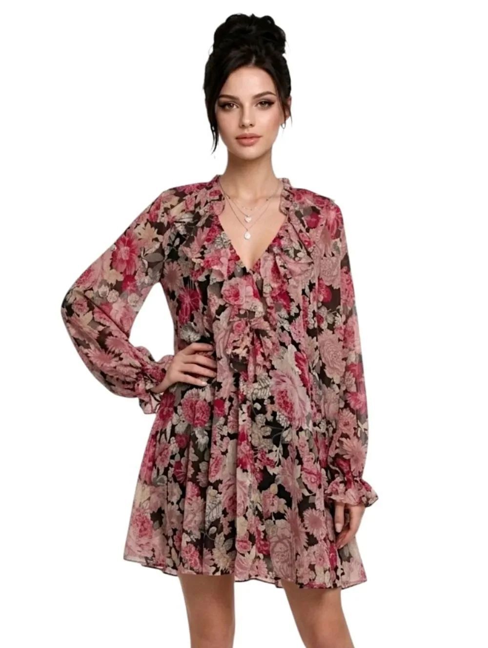 House of Harlow 1960 Pink Floral Ruffle V-Neck Mini Dress Size S